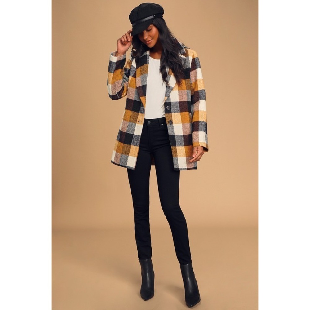 Lulus Better Weather Orange Multi Plaid Coat - LIKE NEW SIZE S